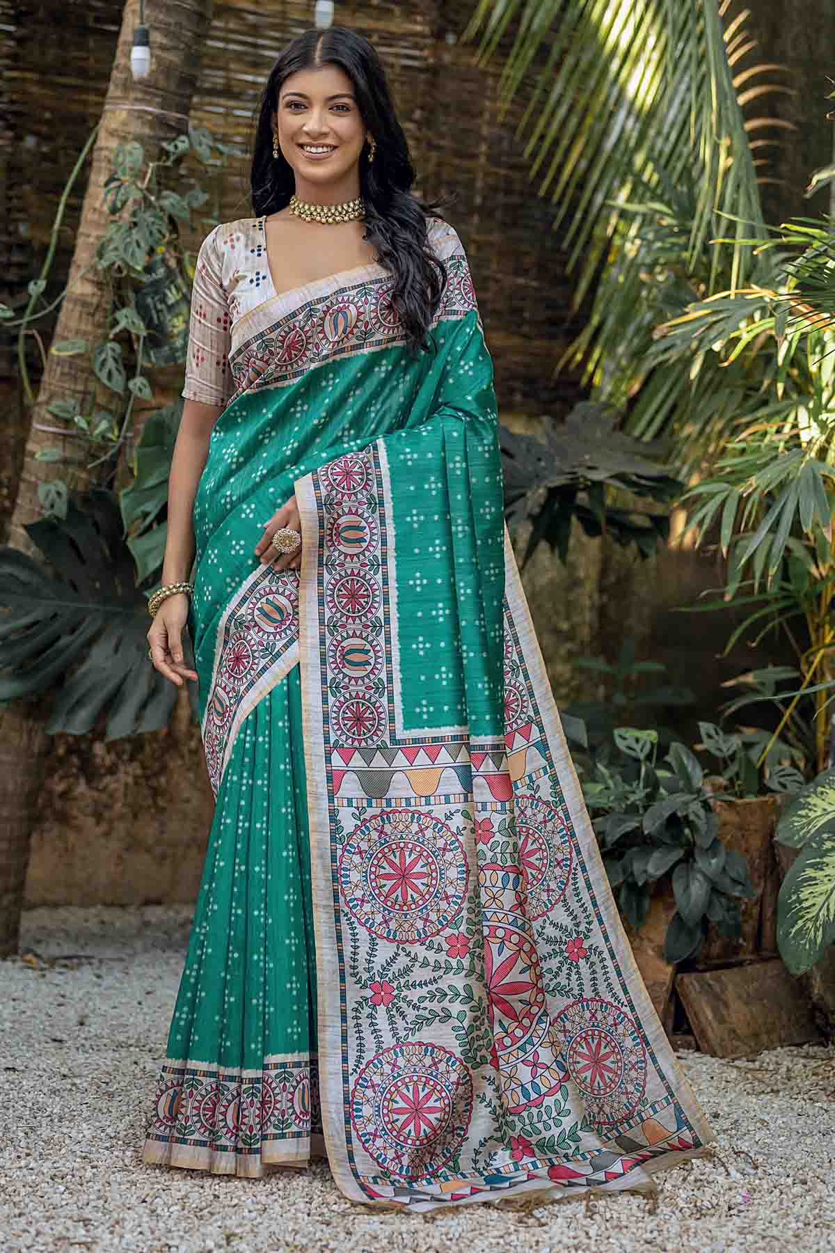 Buy Designer Rama Madhubani Print Saree Online